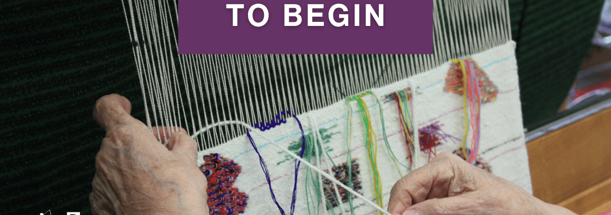Hands weaving a textile wall hanging by artist Trish White from Tangled Threads.