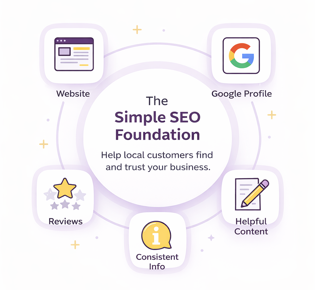 The Simple SEO Foundation for Small Businesses Simple SEO foundation for small businesses including website, Google profile, reviews, consistent information, and helpful content.